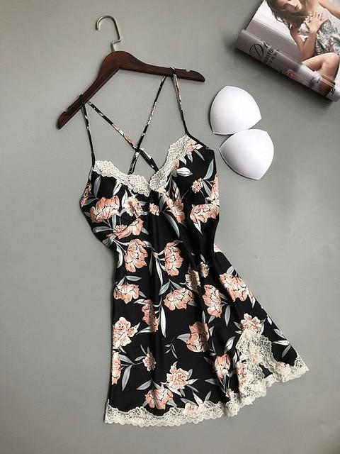 QWEEK Sexy Nightdress Lace Women Nightgown Sexy Nighty Backless Nightgown Ladies Dress Sleepwear Lace Satin with Chest Pads