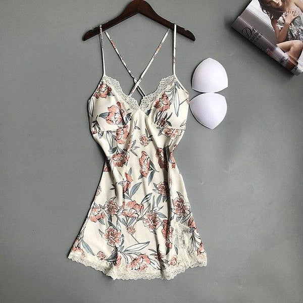 QWEEK Sexy Nightdress Lace Women Nightgown Sexy Nighty Backless Nightgown Ladies Dress Sleepwear Lace Satin with Chest Pads