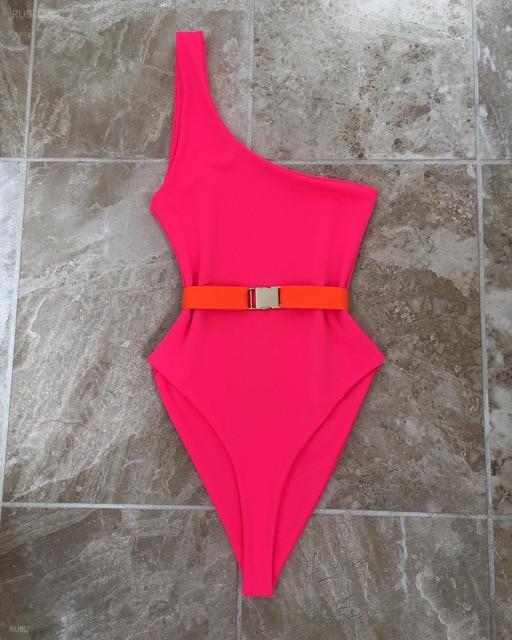 Neon Hot Pink One Shoulder Bikini Push Up Swimsuits For Women High Waist Bathing Suits Two-pieces Swimwear Female Swim Suit 2019