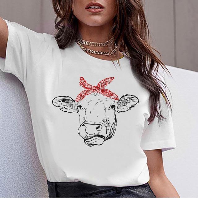 Cow t shirt print women female harajuku clothes tee korean ulzzang t-shirt 90s kawaii shirts femme tshirt Printed cartoon top