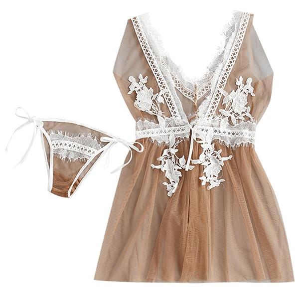 Summer Sexy Mesh Women NightDress Red Green Khaki Lace Embroidery Bow V-Neck Sleeveless Mini Night Dress For Women Ladies Nighty