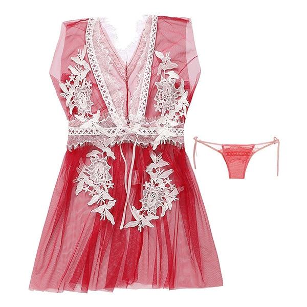 Summer Sexy Mesh Women NightDress Red Green Khaki Lace Embroidery Bow V-Neck Sleeveless Mini Night Dress For Women Ladies Nighty