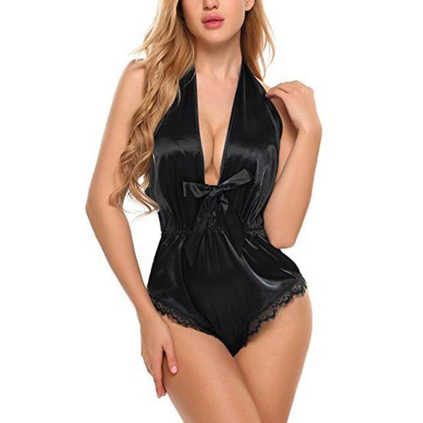 Women Sexy Lace Satin Lingerie Smooth Silk-like Nightwear Sleepwear Set Nighties for Women Night Dress Wear Deep V-Neck
