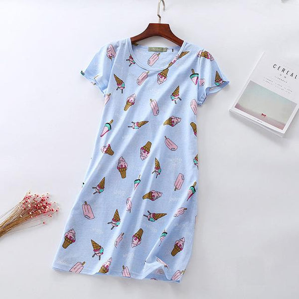 Summer sweet cartoon nightdress women short sleeve 100% cotton nightgowns women sleepdress sexy nighty nightwear Hot Sale