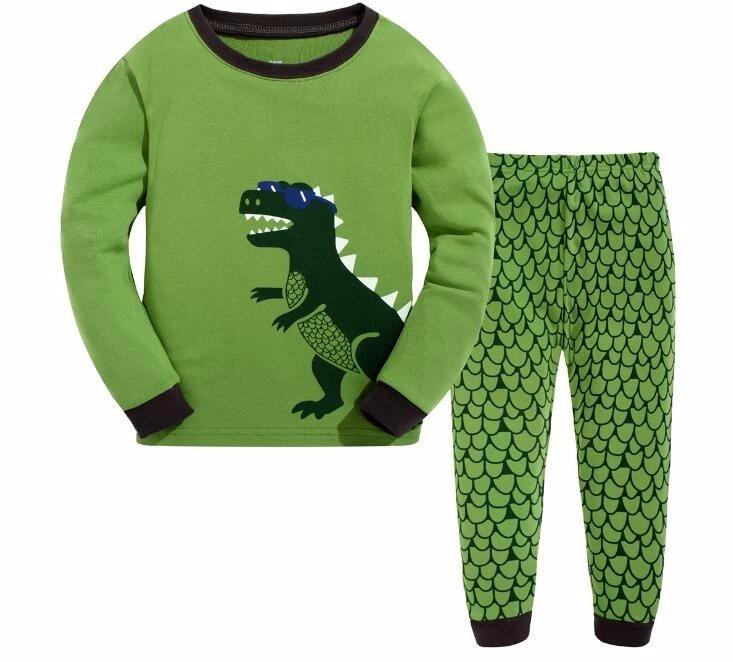 2019 new design 100% cotton high quality boys green dinosaur pajamas pyjama kids girl flower pajamas baby clothing set