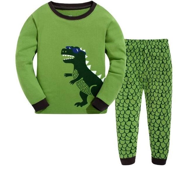 2019 new design 100% cotton high quality boys green dinosaur pajamas pyjama kids girl flower pajamas baby clothing set