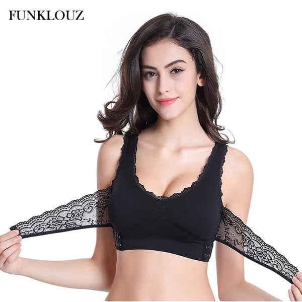 Funklouz Sexy Front Cross Side Buckle Wireless Lace Bra Breathable Sport Push Up Bra for Women