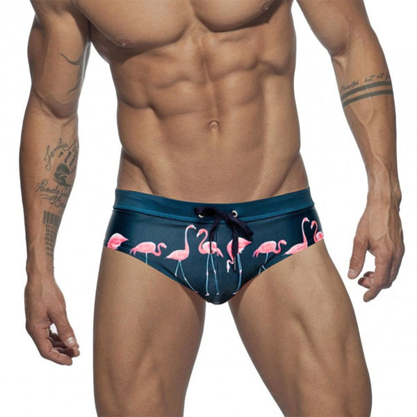 Men Swimwear Swimming Trunks Briefs Low Waist Mens Beach Shorts Leaf Flamingo Swim Trunk Brief Male Swimsuit Beachwear Bikini