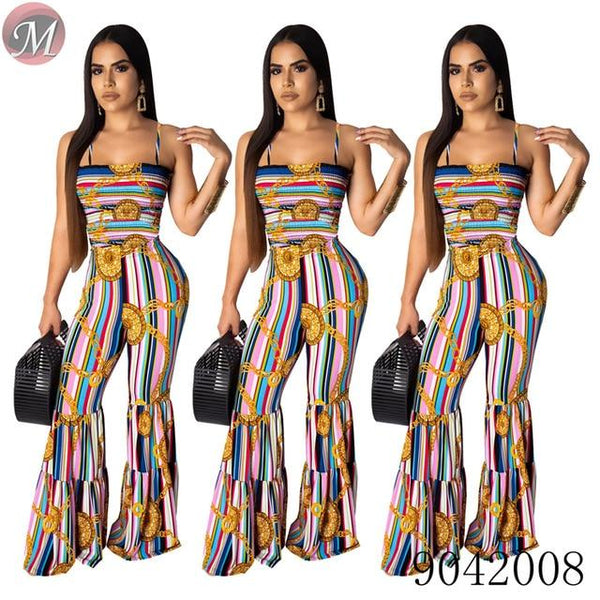 Sexy suspender smocking stitch flared women long jumpsuit