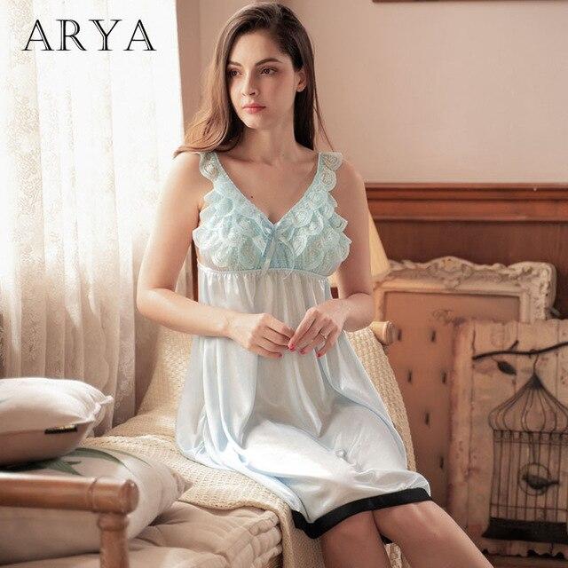 ARYA Women Sexy Night Dress Sleep Wear Lace Nightgown Sleep Wear Pijama Slits Nightdress V-neck Nightie Vintage Sleepwear