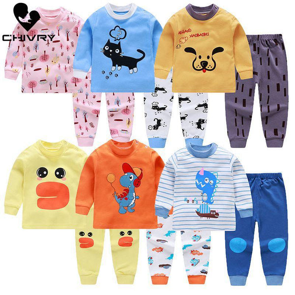 Kids Boys Pajama Sets Cartoon Print Long Sleeve O-Neck Cute T-Shirt Tops with Pants Baby Girls Child Autumn Sleeping Clothes