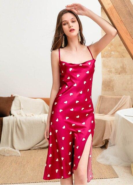 Shetelisi Satin Chiffon Women Long Nightgown Heart Pattern Printing Sleepwear Trim Cute Sweet Outwear Nightie sp0097