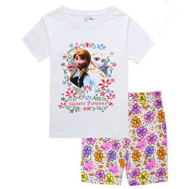 Retail! Children's pajamas Sets Summer Baby Girls pajamas Snow Queen cartoon Kids sleepwear short sleeve t-shirts+shorts suits