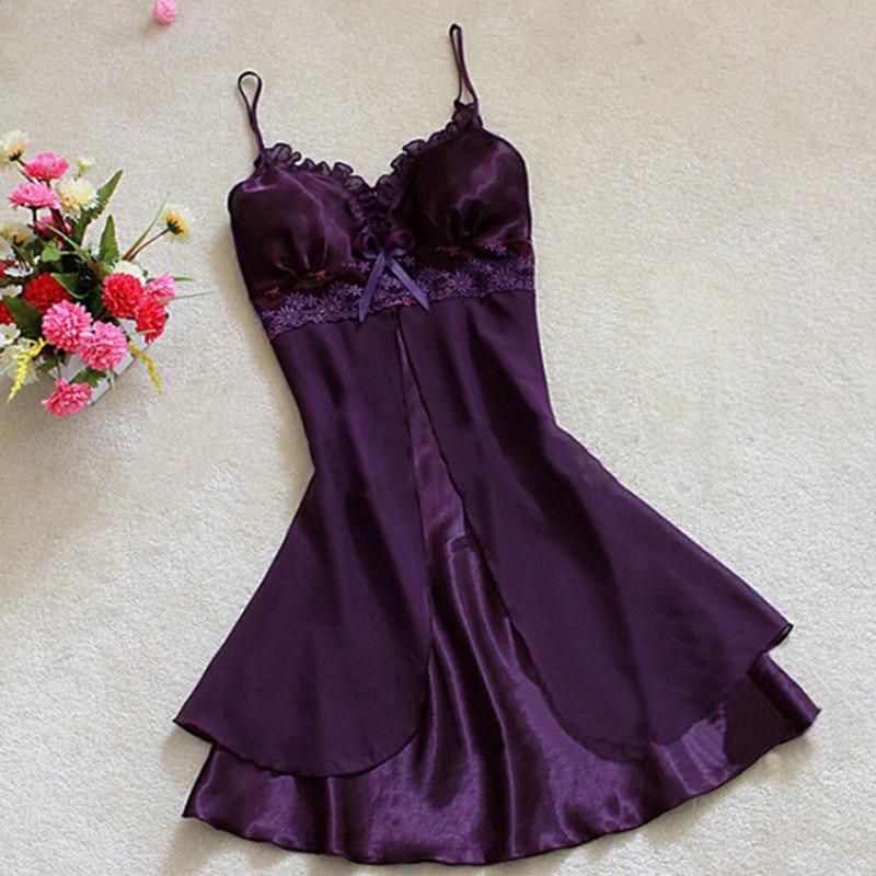 2017 Women Sexy Silk Satin Night Gown Sleeveless Nightdress Lace Sleep Dress V-neck Nighties Night Shirt Sleepwear Nightwear