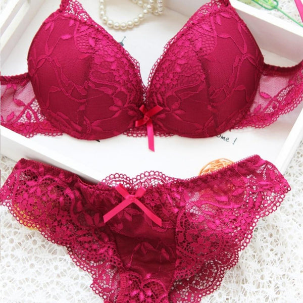 Woman Lace Sexy Floral Push-Up Panties Hollow Sweet Transparent Comfy Fit Bowtie Underwear Sleepwear Bra Sets