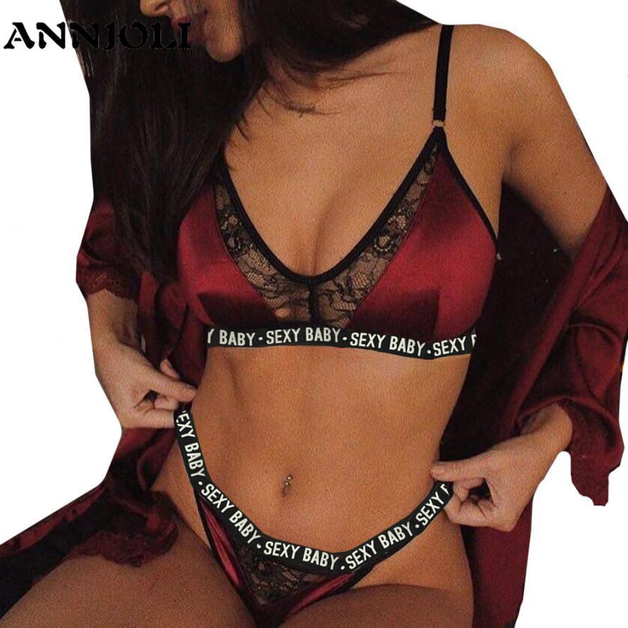 ANNJOLI 3XL Plus Size Sexy Lingerie Set Bralette Women Bra Letter Print Lace Patchwork Women Underwear Sets Bra and Panty Set