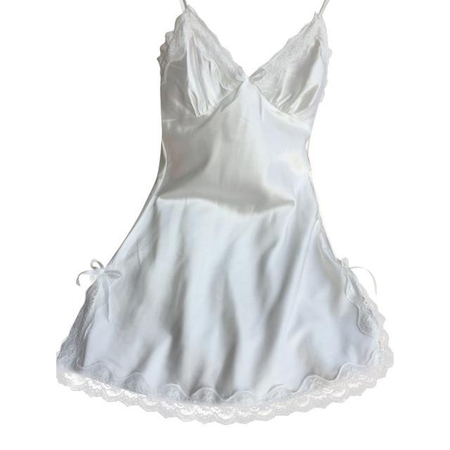 Women Sexy Silk Satin Night Dress Sleeveless Nighties V-neck Nightgown Nightdress Lace Sleepwear Nightwear Ladies