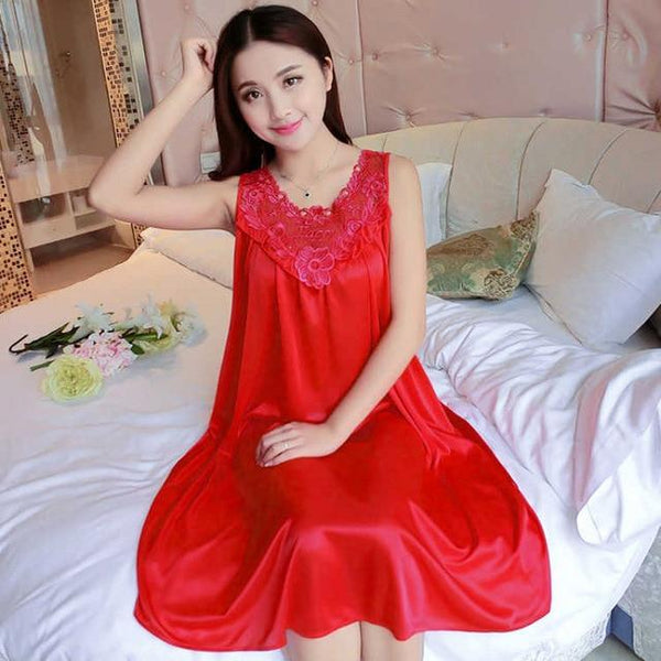 Yidanna Women nightgown Summer Sleepshirt Plus Size Lace Female Sleepwear Sexy Lady Silk Nighty Sleeveless Floral Sleep Clothing