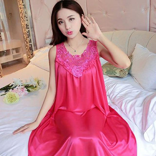 Yidanna Women nightgown Summer Sleepshirt Plus Size Lace Female Sleepwear Sexy Lady Silk Nighty Sleeveless Floral Sleep Clothing