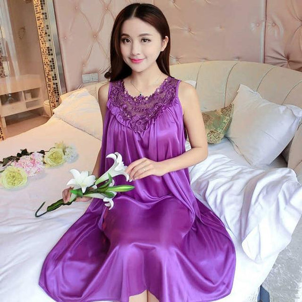 Yidanna Women nightgown Summer Sleepshirt Plus Size Lace Female Sleepwear Sexy Lady Silk Nighty Sleeveless Floral Sleep Clothing