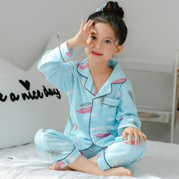 Infant Satin pink Plume Autumn Children Pajamas Long Sleeve Cartoon Kids Girl Clothes Suit Children's Pyjamas Home Clothes