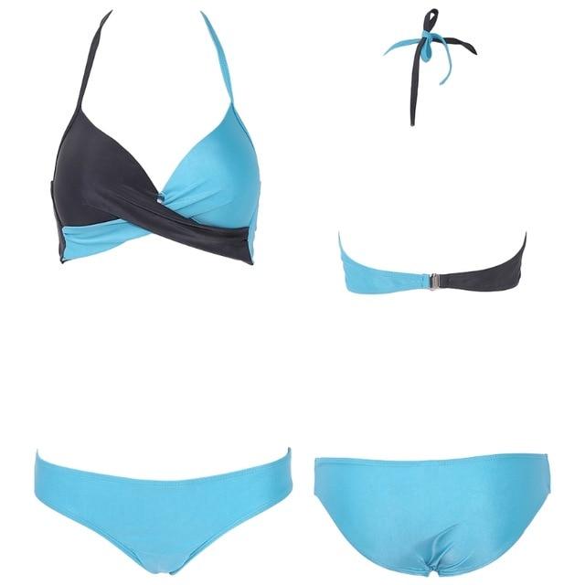 New 2018 Women Sexy Color Block Bandage Push-UP Padded Bra Halter Elastic Soft Tops+Low Waist Briefs Set