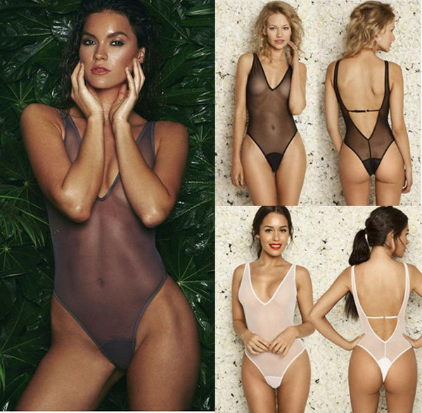 2019 Sexy See Through High Cut Bodysuit Thong Swimsuit Transparent Sheer Milk Spandex Erotic Lingerie Underwear Body Suits