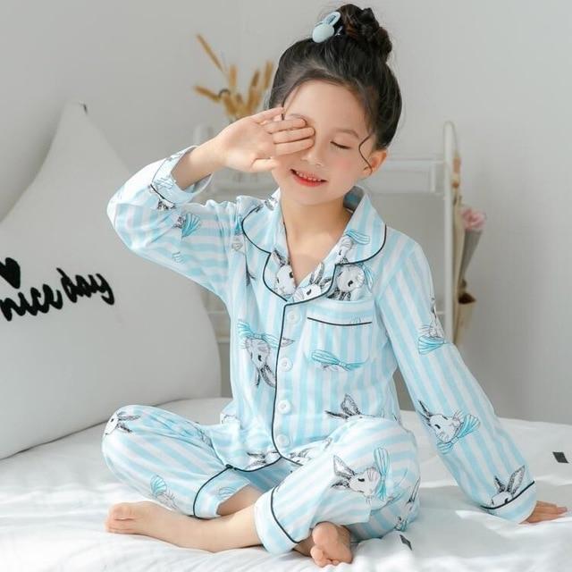 2-12 home Fruit pattern big Girls Children's Pajamas Silk Cotton Long Sleeve thsirt + pants sets For Child Pajamas High Quality