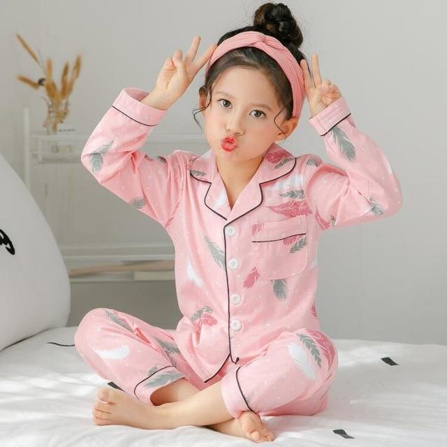 2-12 home Fruit pattern big Girls Children's Pajamas Silk Cotton Long Sleeve thsirt + pants sets For Child Pajamas High Quality