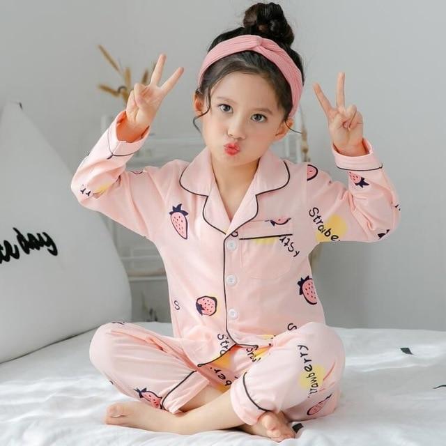2-12 home Fruit pattern big Girls Children's Pajamas Silk Cotton Long Sleeve thsirt + pants sets For Child Pajamas High Quality