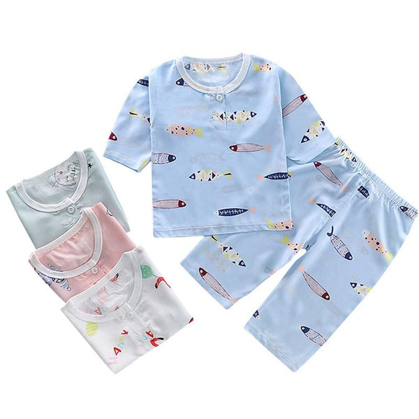 New 2pcs Kids Girls Boys Summer Pajamas Set Cartoon Cat Flamingo Children Sleepwear Poplin Cotton Half Length Home Clothing Suit