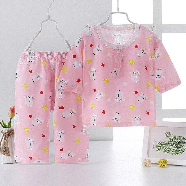 New 2pcs Kids Girls Boys Summer Pajamas Set Cartoon Cat Flamingo Children Sleepwear Poplin Cotton Half Length Home Clothing Suit