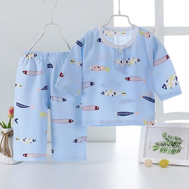New 2pcs Kids Girls Boys Summer Pajamas Set Cartoon Cat Flamingo Children Sleepwear Poplin Cotton Half Length Home Clothing Suit
