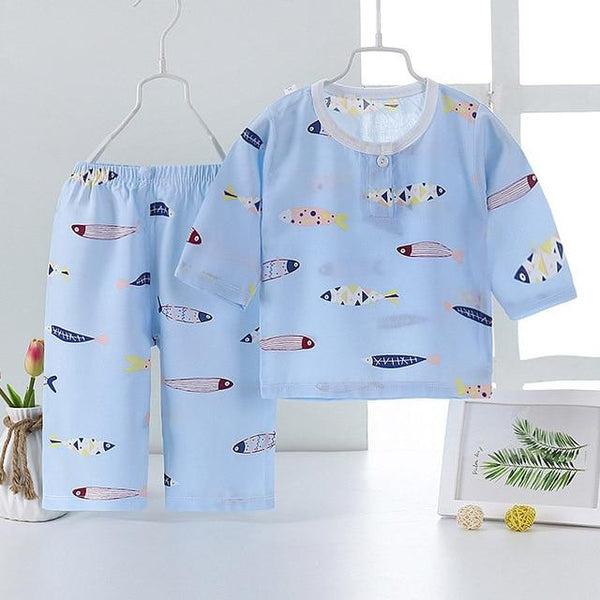 New 2pcs Kids Girls Boys Summer Pajamas Set Cartoon Cat Flamingo Children Sleepwear Poplin Cotton Half Length Home Clothing Suit