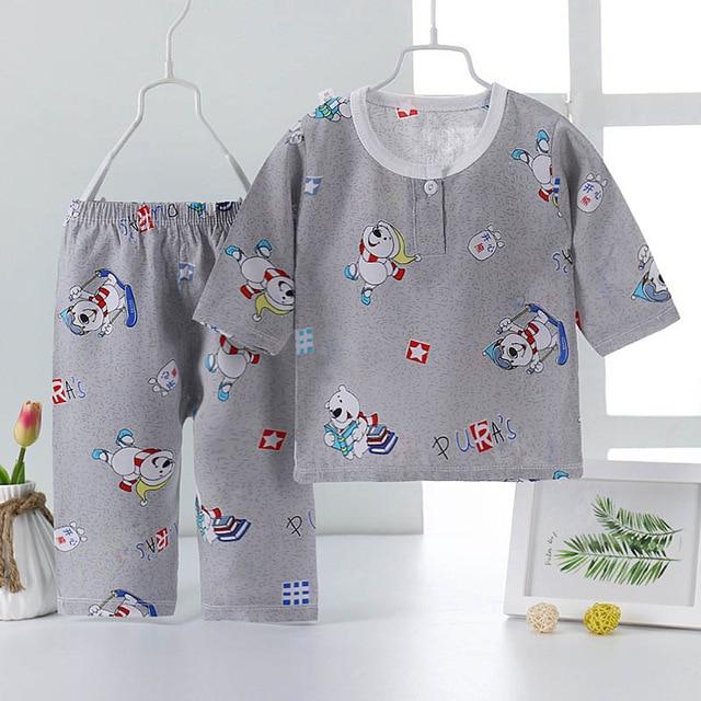New 2pcs Kids Girls Boys Summer Pajamas Set Cartoon Cat Flamingo Children Sleepwear Poplin Cotton Half Length Home Clothing Suit
