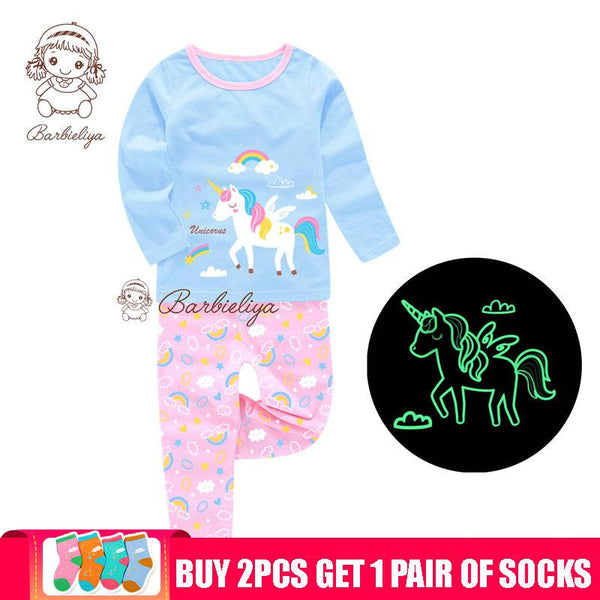 Glow in the Dark Girls Cartoon Cute Children Clothes Long Sleeve Pyjamas Kids Pajamas Sets Pijama Unicornio Sleepwear Homewear