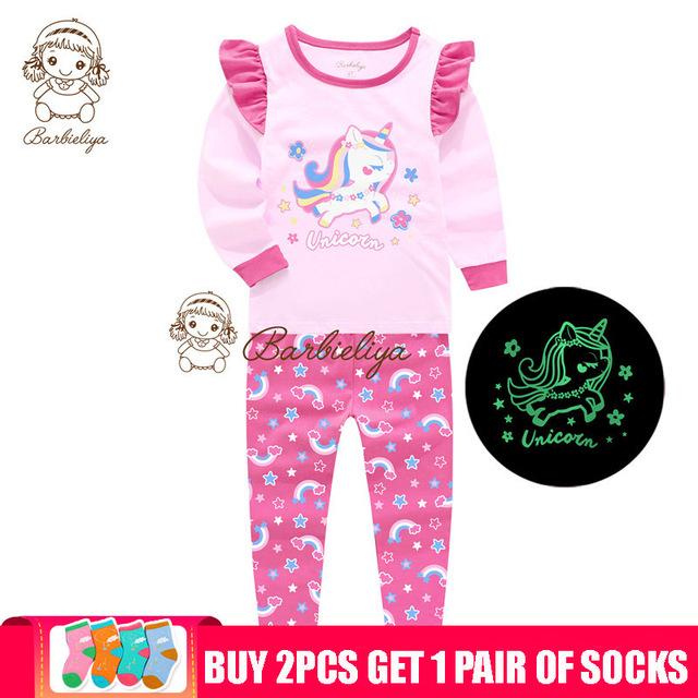 Glow in the Dark Girls Cartoon Cute Children Clothes Long Sleeve Pyjamas Kids Pajamas Sets Pijama Unicornio Sleepwear Homewear