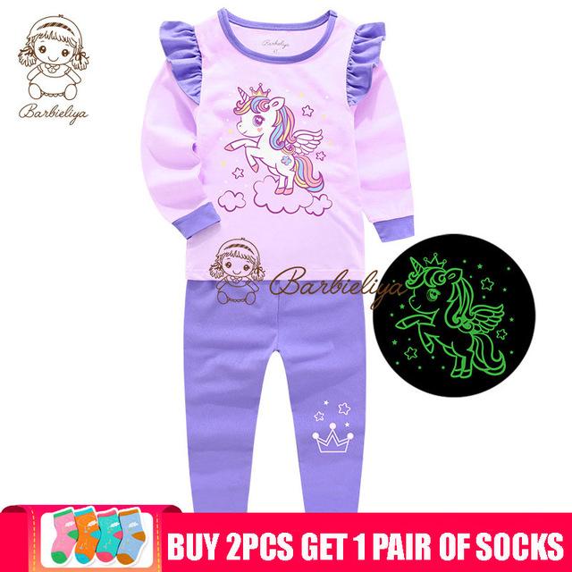 Glow in the Dark Girls Cartoon Cute Children Clothes Long Sleeve Pyjamas Kids Pajamas Sets Pijama Unicornio Sleepwear Homewear
