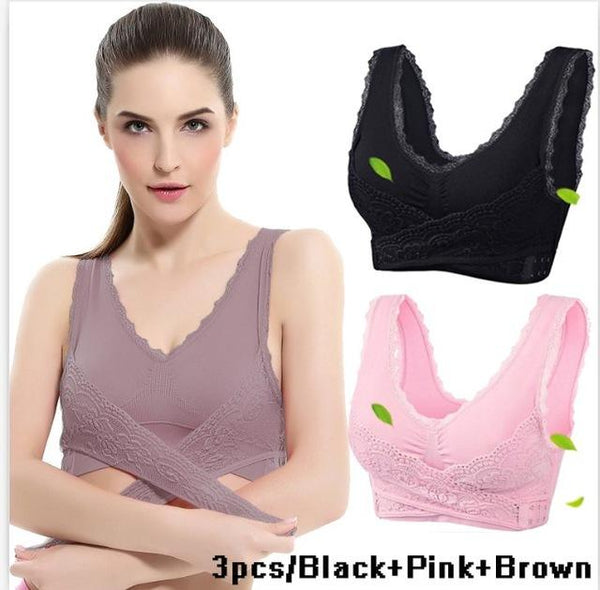 2019 Hot Sale Women Sexy Lingerie Lace Solid Color Cross Side Buckle Wireless Push up Sports Underwear Breathable Sleep Bra New