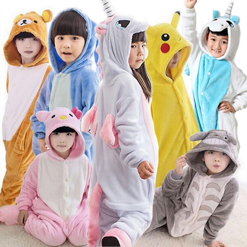Flannel Kigurumi Children Pajamas Set Winter Hooded Animal Unicorn Pikachu Stitch Kids Pajamas For Boys Girls Sleepwear Onesies