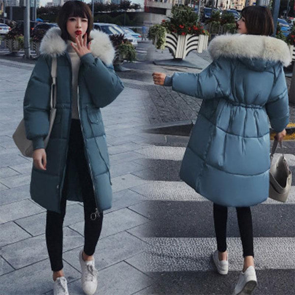 Solid Fur Hooded Thicken Zipper Long Down Coats Women Casual Long Sleeve Lace Up Warm Cotton Coats Female Hardy Jackets New