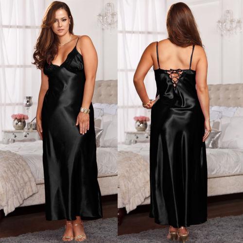 2019 Ladies Long Satin Nightdress Nightie Deep Lace Plus Size Nightwear Sleepwear