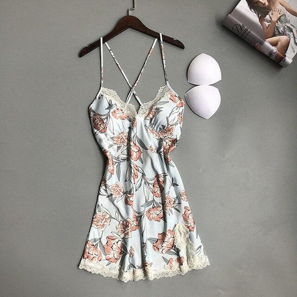 QWEEK Sexy Nightdress Lace Women Nightgown Sexy Nighty Backless Nightgown Ladies Dress Sleepwear Lace Satin with Chest Pads