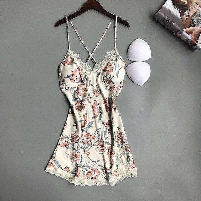 QWEEK Sexy Nightdress Lace Women Nightgown Sexy Nighty Backless Nightgown Ladies Dress Sleepwear Lace Satin with Chest Pads