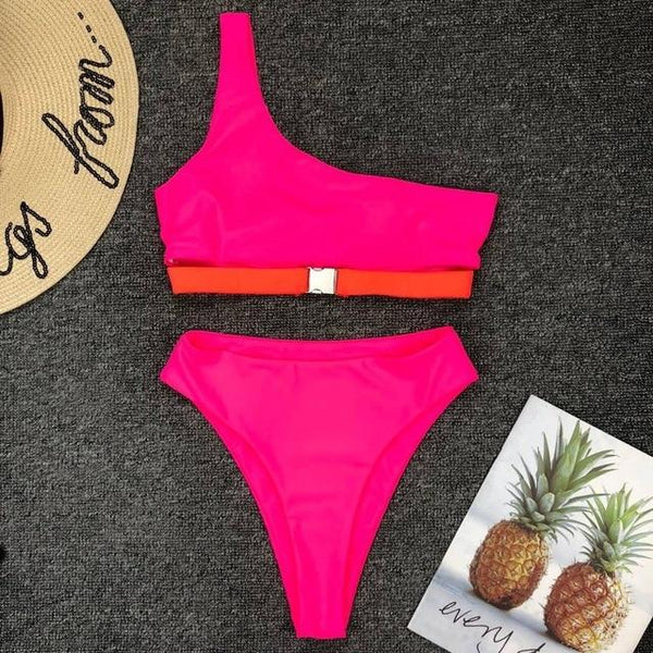 Neon Hot Pink One Shoulder Bikini Push Up Swimsuits For Women High Waist Bathing Suits Two-pieces Swimwear Female Swim Suit 2019