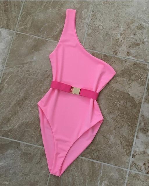 Neon Hot Pink One Shoulder Bikini Push Up Swimsuits For Women High Waist Bathing Suits Two-pieces Swimwear Female Swim Suit 2019