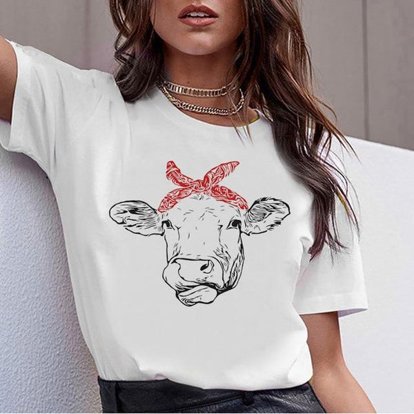Cow t shirt print women female harajuku clothes tee korean ulzzang t-shirt 90s kawaii shirts femme tshirt Printed cartoon top