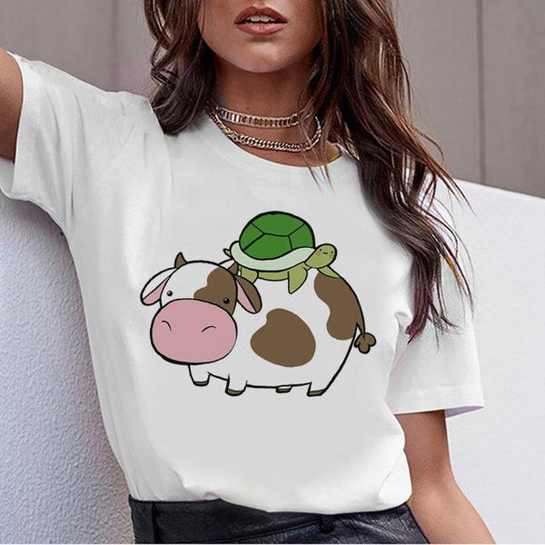 Cow t shirt print women female harajuku clothes tee korean ulzzang t-shirt 90s kawaii shirts femme tshirt Printed cartoon top