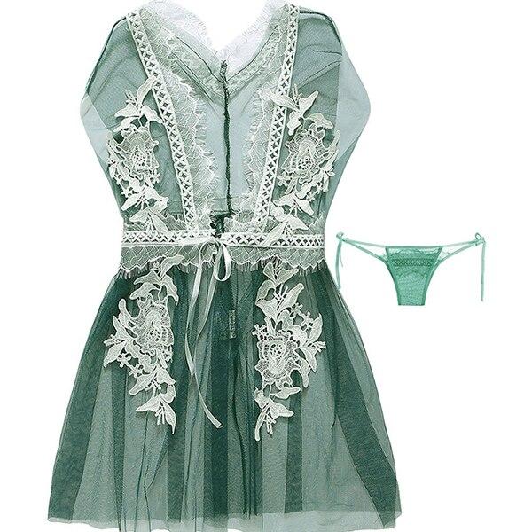 Summer Sexy Mesh Women NightDress Red Green Khaki Lace Embroidery Bow V-Neck Sleeveless Mini Night Dress For Women Ladies Nighty