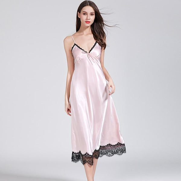 Silky Silk Long Nightdress For Women Spaghetti Straps Nightgown Satin Sleepwear Ladies Sexy Lace Fringe Dress Nightie Homewear